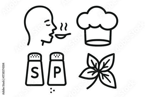 Taste and cooking vector icons collection. Flavor sampling, chef hat, salt and pepper shakers, fresh herb leaves, culinary cooking symbols, kitchen seasoning and aroma concept illustration