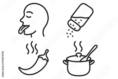 Taste and Cooking Icons Set with Spicy Chili Pepper, Salt Shaker, Steaming Pot, and Savoring Face Symbolizing Flavor and Culinary Experience Vector Design