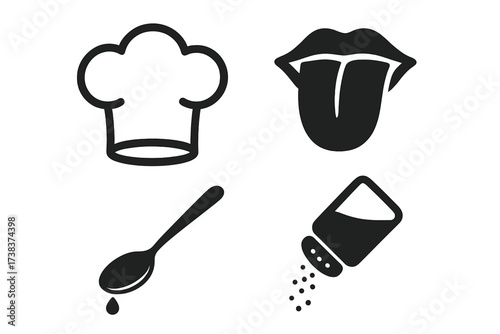 Taste and Cooking Vector Icon Set. Chef Hat, Tasting Tongue, Spoon with Drop, Salt Shaker. Culinary Symbols for Food, Cooking, Seasoning, Flavor, Chef Tools Design