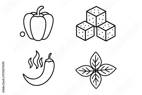 Taste and seasoning vector logo set with bell pepper, sugar cubes, spicy chili pepper, and fresh basil leaves, seasoning icons, cooking flavor ingredients, kitchen herbs and spices