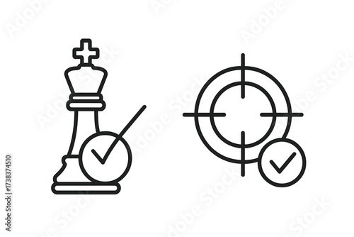 Vector illustration of chess king piece with checkmate, strategic winning concept, target with check mark, precise goal achievement icon set