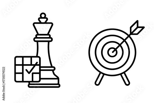 Vector illustration of strategic checkmate chess with calendar and bullseye target with arrow, concept of planning, goal achievement, success, focus, and precision