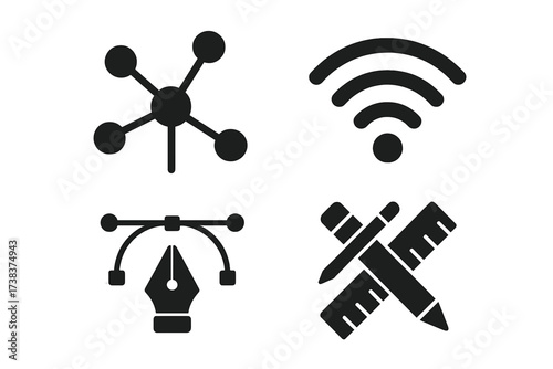 Vector network connection symbol, wireless signal icon, digital pen tool illustration, creative design crossed pencil and ruler graphic, modern technology and design signs