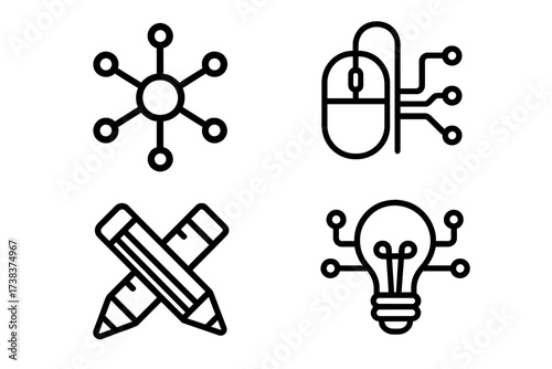 Vector illustration of technology connection, digital design symbols, creative tools, innovation and smart ideas, network, creativity, concept icons set