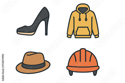 Fashion and Safety Icons Set. High Heel Shoe, Yellow Hoodie, Brown Fedora Hat, Orange Construction Helmet, Clothing and Protective Gear Vector Illustration for Style and Work Safety