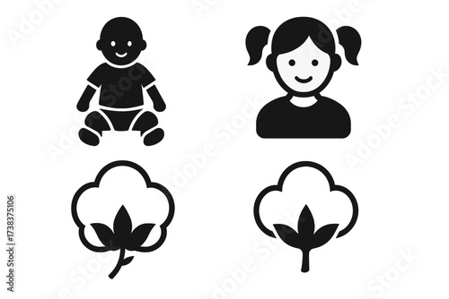 Vector illustration of happy baby and little girl with cotton plant symbols, children icons, organic cotton concept, cotton flower, nature and childhood design elements