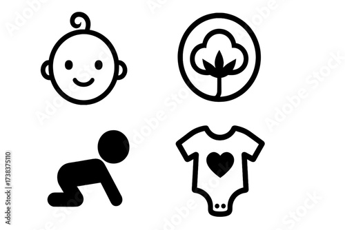 Cute Baby Icons Set with Cotton Plant Symbol, Crawling Infant Silhouette and Heart Print Baby Onesie Vector Illustration for Childcare and Parenting