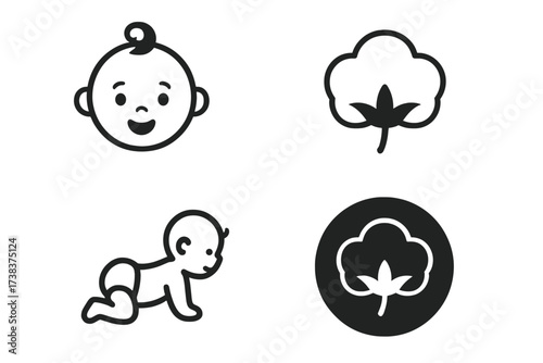 Cute baby face and crawling baby with cotton plant icon set, simple childish illustration with organic cotton symbol, baby care, natural fiber concept, soft texture design