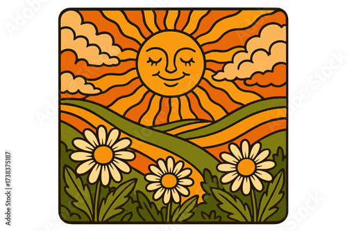 1970s good vibes groovy poster. Vibrant retro psychedelic landscape with daisy flowers and smiling sun. Hippie flower power banner. Vintage 1960s hand drawn cartoon art.