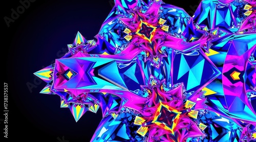 Geometric kaleidoscopic structure with blue, pink, and yellow hues on black