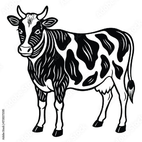 A black and white illustration of a cow standing in a field, isolated on white background the cow has spots and horns, and is facing forward the cow is looking at the viewer with a curious expression