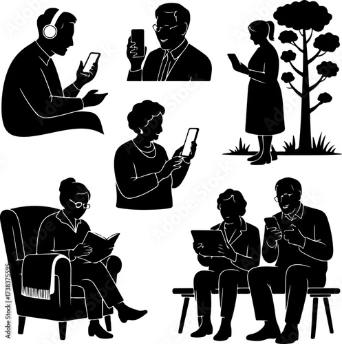 Elderly people with modern technology autumn edition silhouettes