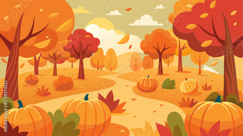 A sea of pumpkins tered throughout the park adding pops of orange a the warm tones of the falling leaves.
