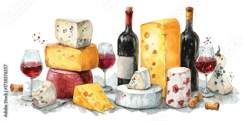 Elegant Watercolor Wine and Cheese Still Life Painting for Food and Drink Bloggers Content Creators