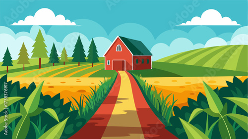A secluded country lane bordered by tall swaying cornfields and offering glimpses of a charming farmhouse and red barn.