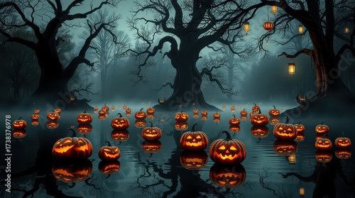 Jackolanterns float on water in a spooky forest at halloween