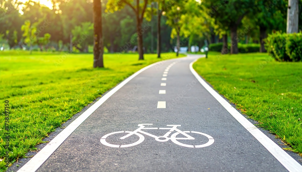 Obraz premium Scenic Bike Path Through Lush Green Park on a Sunny Day.