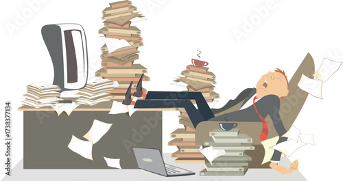 Hard working day. Tired businessman.
Rest on the business place. Tired businessman sleeping in the armchair in front of computer surrounded big piles of papers
