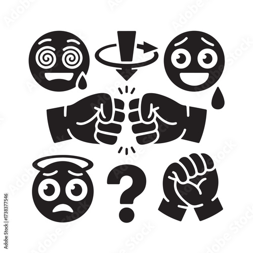 Vector art of a collection of emoji icons representing confusion, dizziness, and surprise, with two fists colliding in the center, symbolizing conflict, disagreement, or a clash of ideas