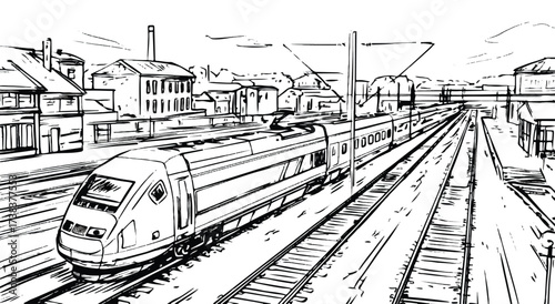 Express train arriving at a railway station with urban landscape scenery black and white illustration vector