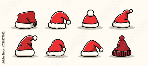 Festive collection of Santa Claus hats for Christmas holiday season designs and decorations illustrations and backgrounds
