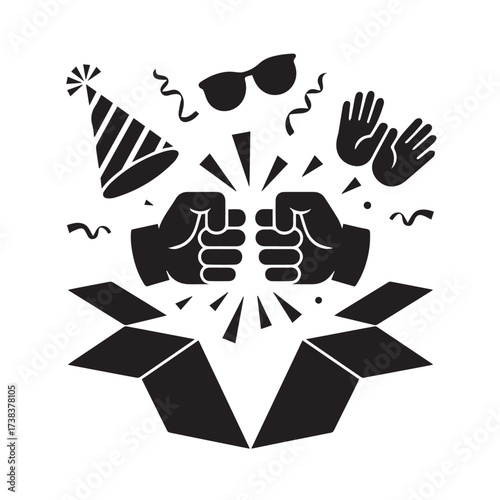 Vector art of celebration with party hat, sunglasses, confetti, and fists bumping above an open box