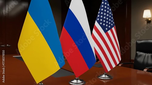 The national flags of Ukraine Russia and the United States of America stand together on a conference table symbolizing trilateral international relations diplomacy or conflict negotiation


