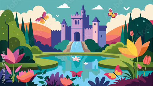 A tranquil pond reflects the dramatic castle towers and ancient citadel creating a stunning watercolorlike scene. The manicured gardens are alive with colorful blooms attracting