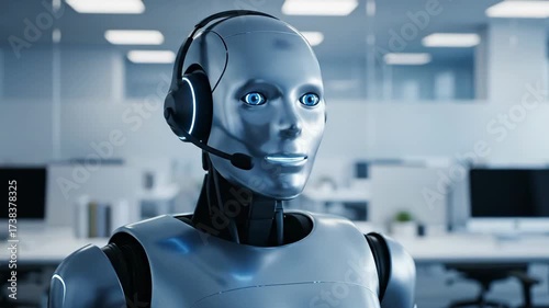 A futuristic humanoid AI robot with a metallic body and blue eyes wearing a headset works as a customer service agent in a modern call center office

