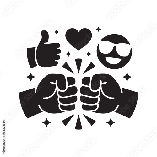 Vector art of closeup of two fists bumping, surrounded by positive icons like a thumbsup, heart, and smiley face with sunglasses, symbolizing approval and good vibes
