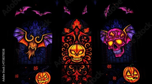 Colorful halloween themed illustration with bats, skulls and pumpkins