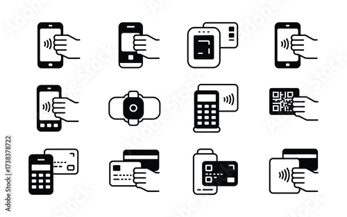 Collection of icons representing mobile payment and contactless transactions