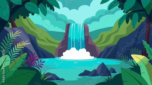 Hidden within the dense foliage surrounding the lagoon a small waterfall cascades into the crystalclear waters adding a touch of magic to the scene.