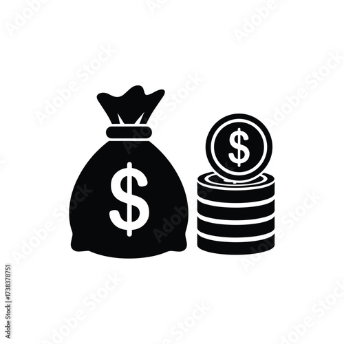 Money bag and stack of coins with dollar signs graphic symbolizing wealth and finance - Vector illustration logo template