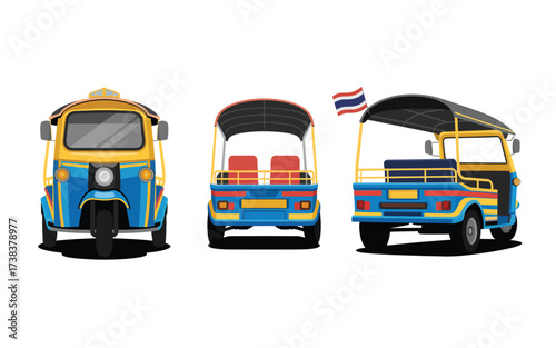 Three tuk tuks from different angles with thai flag