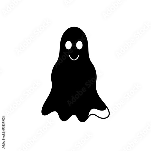 Simple black ghost with smiling face icon on transparent background silhouette