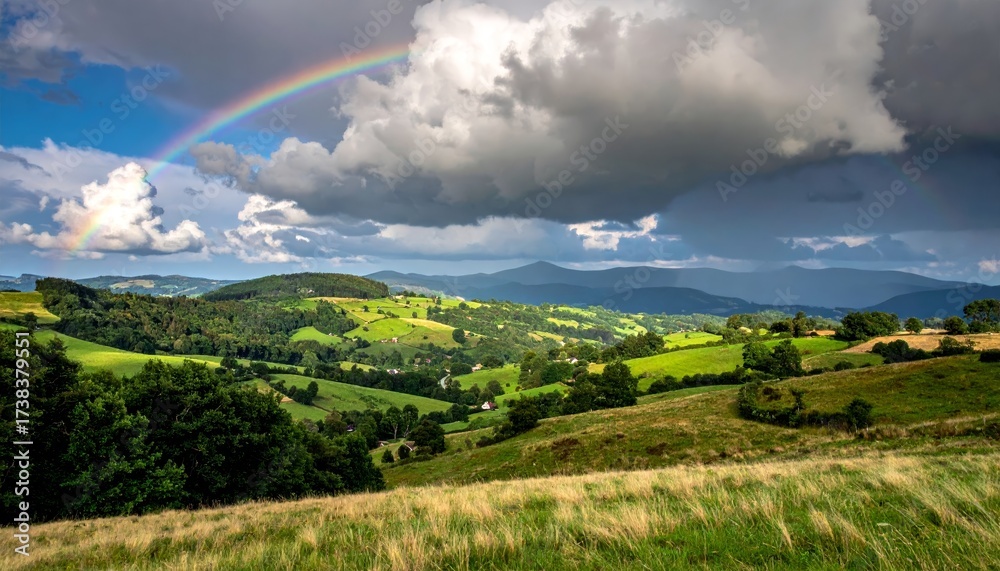 Fototapeta premium countryside hilly landscape with dark clouds and a vibrant rainbow