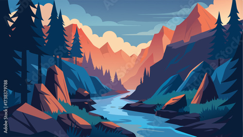 In the heart of the wilderness a mountain stream meanders peacefully through the rocky terrain surrounded by towering trees and rocky cliffs.