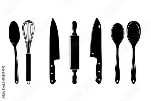 Black Vector Silhouette: Set of Diverse Kitchen Utensils and Tools	