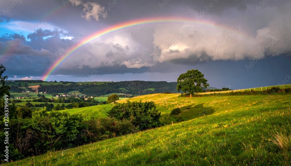 Fototapeta premium countryside hilly landscape with dark clouds and a vibrant rainbow