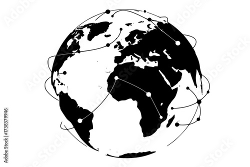 Black Vector Silhouette: Globe or World Map with Connecting Dots	
