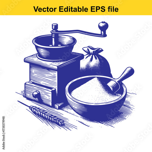 Vector art of vintage handcranked grain mill with flour and wheat