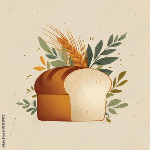 Freshly baked bread loaf with wheat and botanical elements artistic illustration of culinary delights and harvest abundance