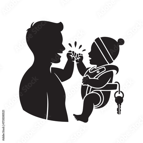 Vector art of silhouette of a father and baby giving a high five with a key attached to the babys outfit
