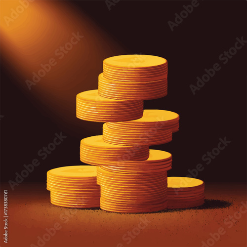 Golden coins stacked high glistening under spotlight representing wealth success and financial security vector illustration