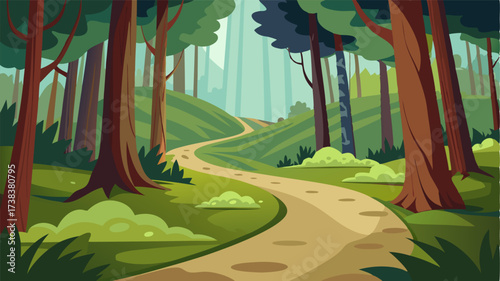 A winding dirt path that disappears into the dense forest beckoning adventurers to explore its secrets.