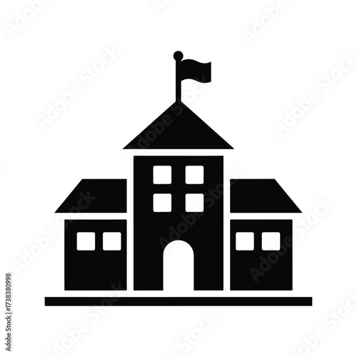 Simple silhouette icon of a school building with flag for educational and civic concepts - Vector illustration logo template