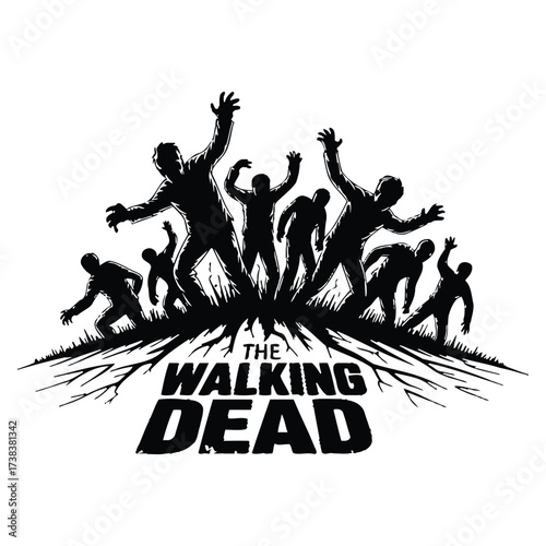 Silhouette of The Walking Dead Logo Featuring a Horde of Zombies Reaching with their Hands Upward in a Scary Illustration