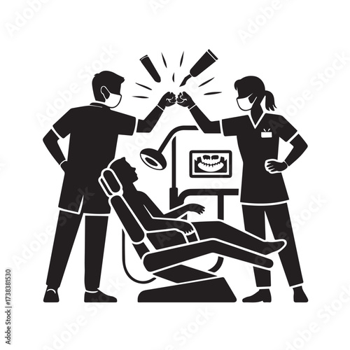 Vector art of silhouette of two dentists giving a high five with a patient in a dental chair and an xray machine