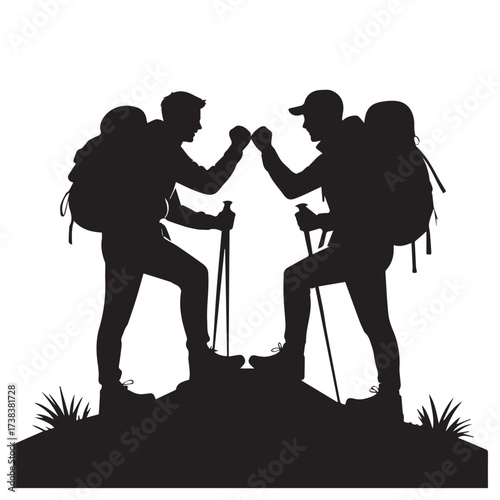 Vector art of silhouette of two hikers with backpacks and trekking poles giving each other a fist bump on a mountain peak, representing achievement and shared adventure